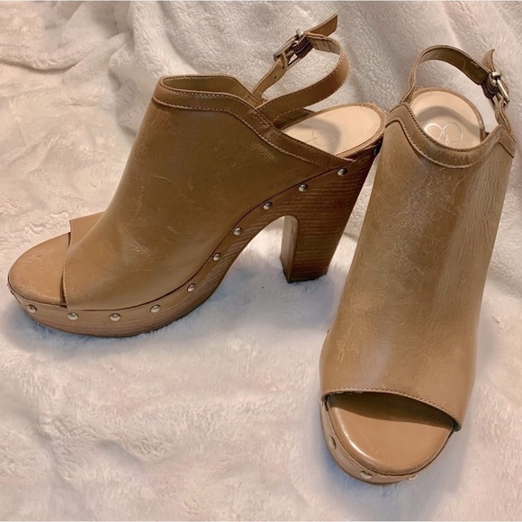 Jessica Simpson Pumps Sz 9.5 Daine Leather Tan Camel Open-Toe High Heels Straps - Picture 1 of 16